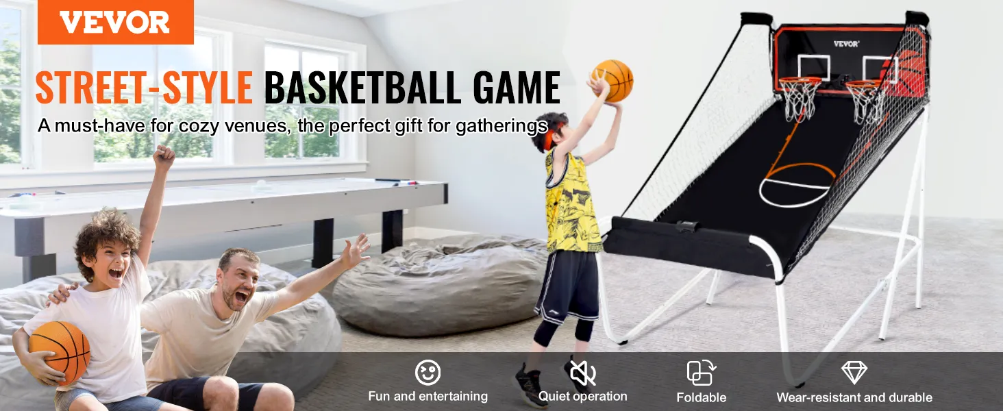 VEVOR opvouwbare basketbalarcade-opstelling met kinderen die in een gezellige binnenruimte spelen.