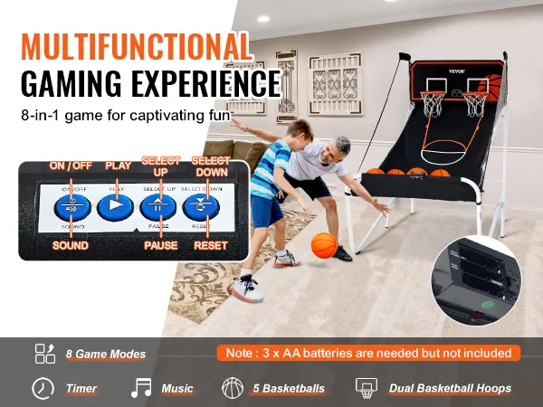 spelers genieten van het VEVOR opvouwbare basketbalarcadespel met twee ringen en bedieningspaneel.
