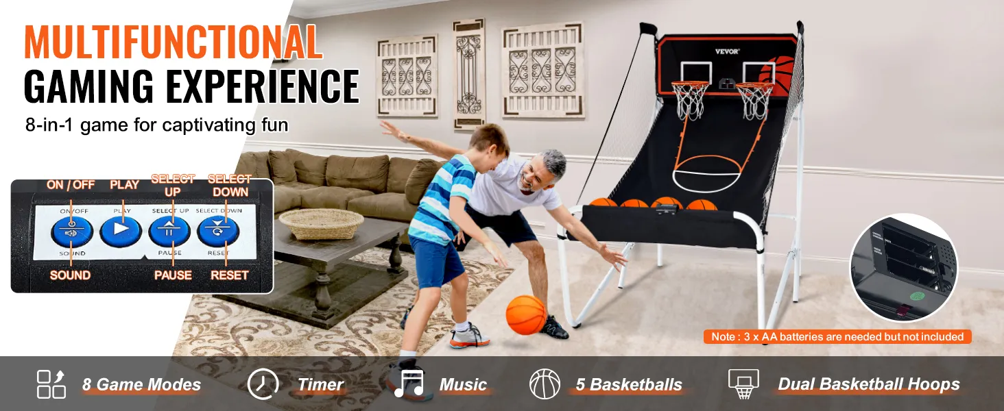 spelers genieten van het VEVOR opvouwbare basketbalarcadespel met twee ringen en bedieningspaneel.