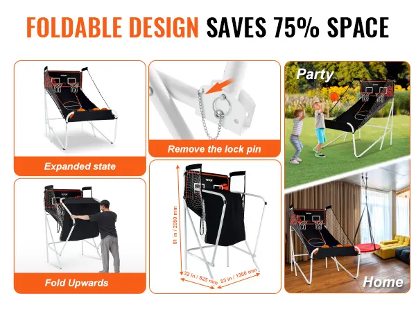 VEVOR opvouwbaar basketbal arcadespel in uitgevouwen toestand, opvouwbare treden, afmetingen en toepassingen thuis en op feestjes.