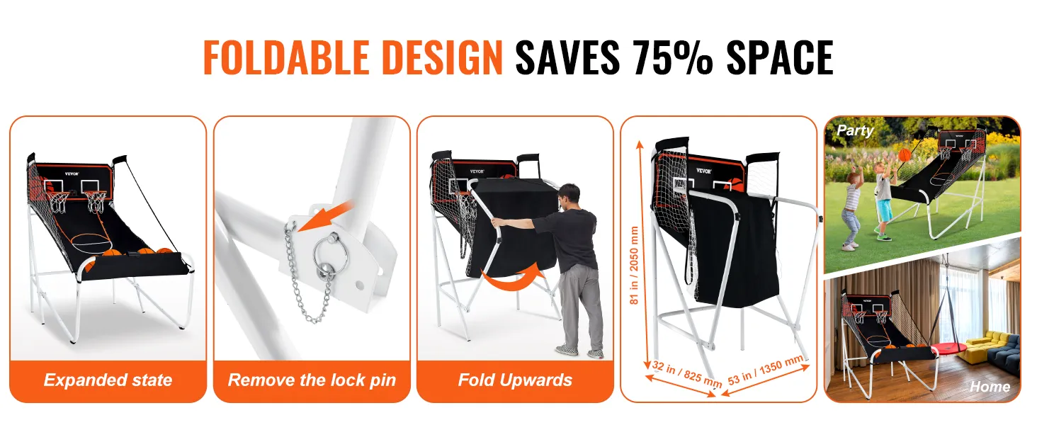 VEVOR opvouwbaar basketbal arcadespel in uitgevouwen toestand, opvouwbare treden, afmetingen en toepassingen thuis en op feestjes.