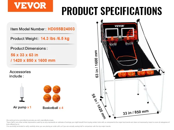 VEVOR basketball arcade game specs: 14.4 lbs, 56x33x63 in. includes 4 basketballs and air pump.