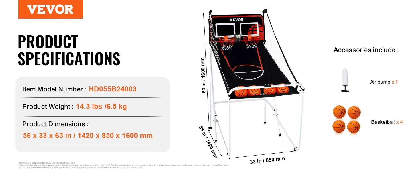 VEVOR basketball arcade game specs: 14.4 lbs, 56x33x63 in. includes 4 basketballs and air pump.