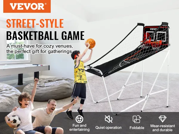 kids playing with VEVOR basketball arcade game in a cozy room, ideal for gatherings and indoor fun.