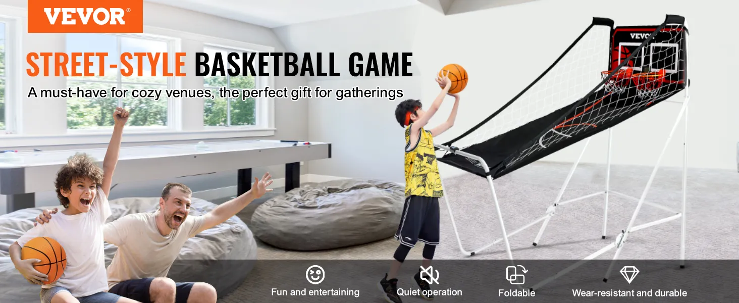 kids playing with VEVOR basketball arcade game in a cozy room, ideal for gatherings and indoor fun.