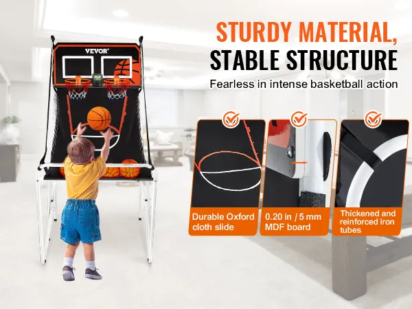 child playing with VEVOR basketball arcade game in living room, showcasing sturdy and durable materials.