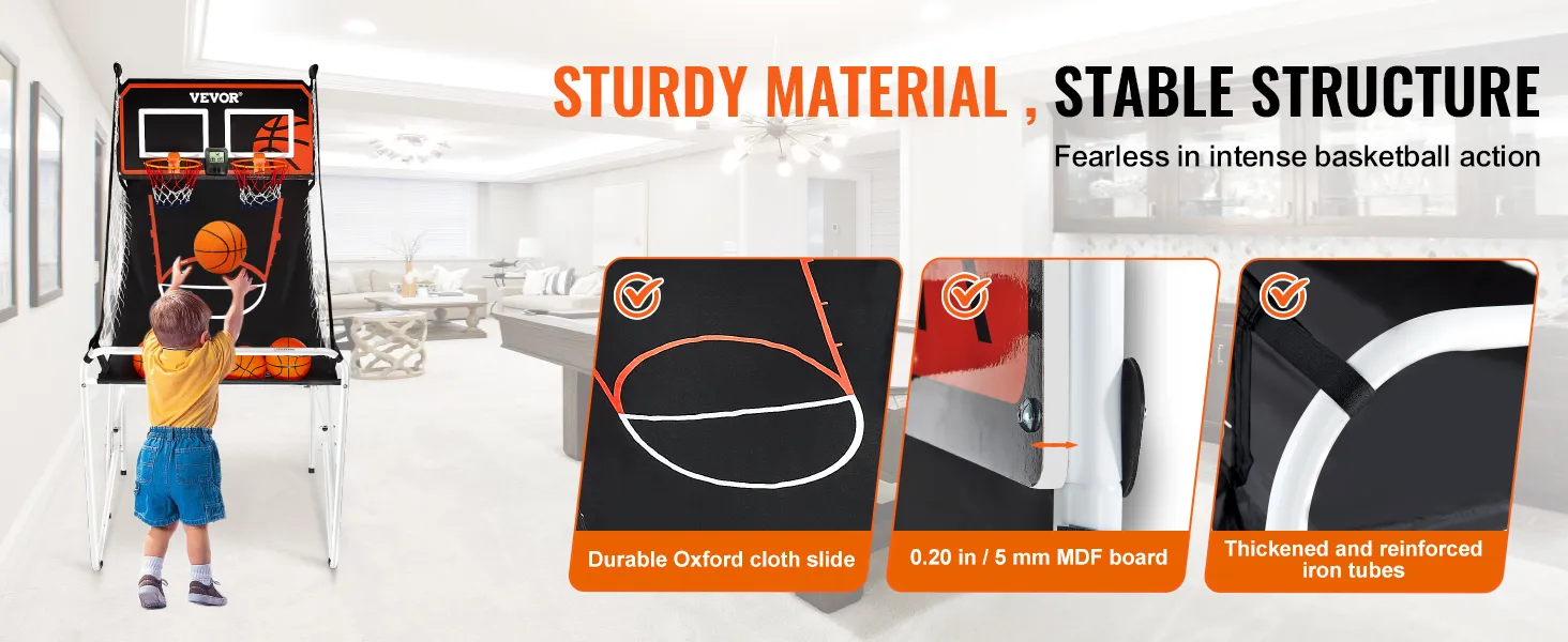 child playing with VEVOR basketball arcade game in living room, showcasing sturdy and durable materials.