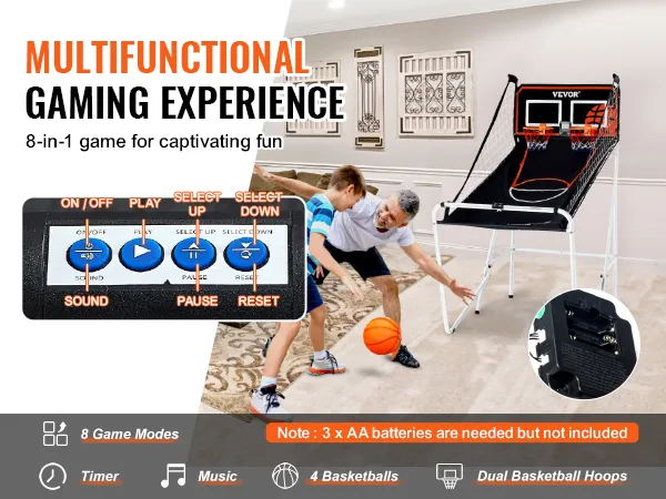 VEVOR basketball arcade game with dual hoops, control panel, and accessories in an indoor setting.