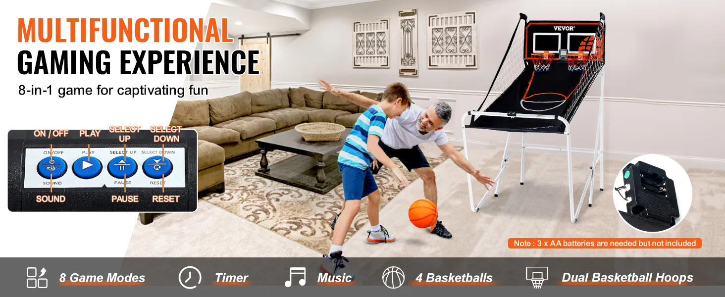 VEVOR basketball arcade game with dual hoops, control panel, and accessories in an indoor setting.