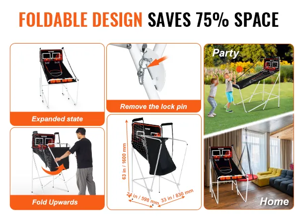 VEVOR basketball arcade game with foldable design for space-saving, shown in various settings.
