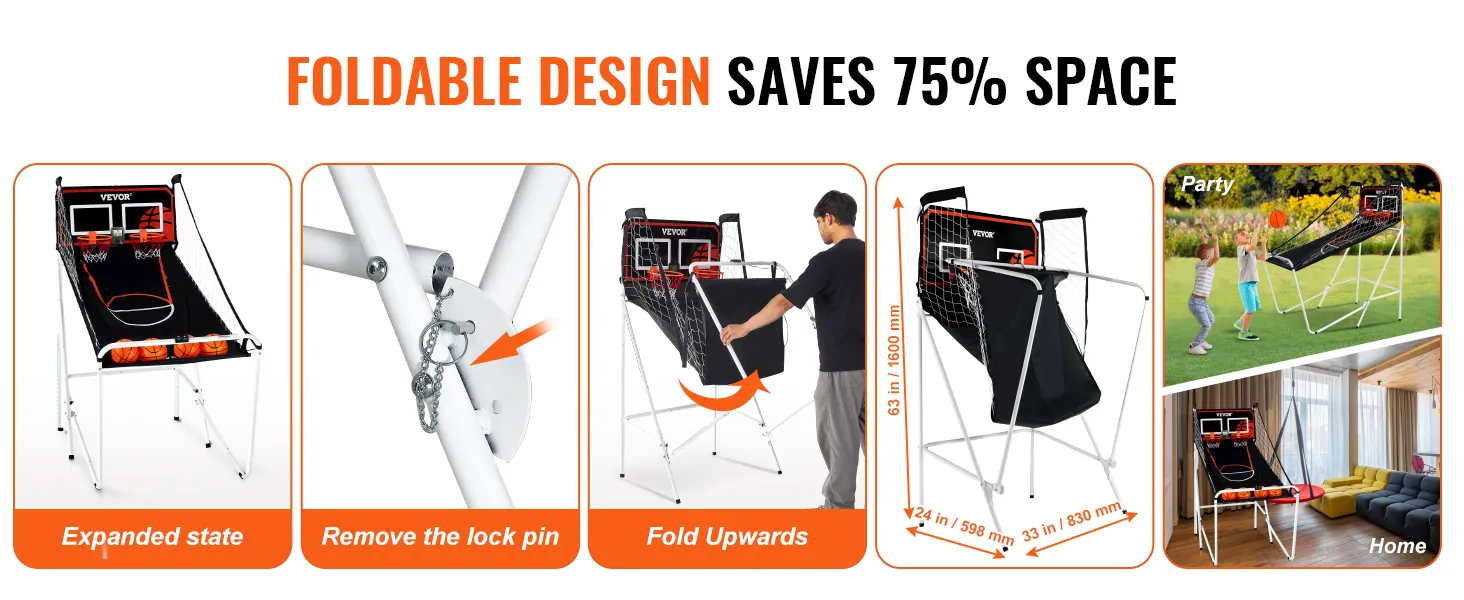 VEVOR basketball arcade game with foldable design for space-saving, shown in various settings.