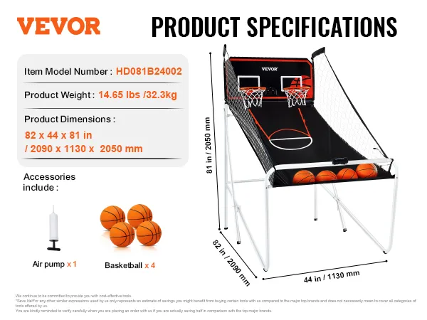 VEVOR opvouwbaar basketbalarcadespel met 4 basketballen, luchtpomp en productspecificaties.