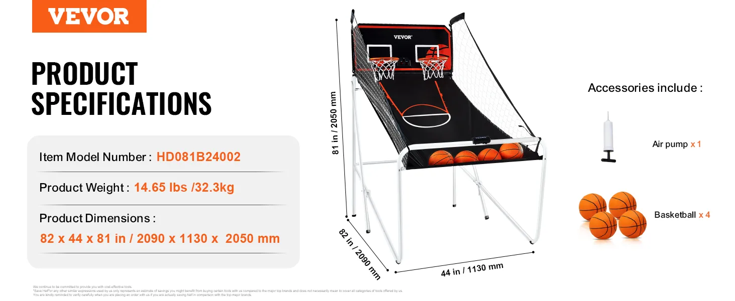 VEVOR opvouwbaar basketbalarcadespel met 4 basketballen, luchtpomp en productspecificaties.