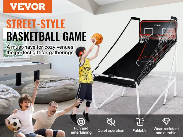 VEVOR opvouwbaar basketbalspel in een gezellige kamer met spelende kinderen en zitzakken op de achtergrond.