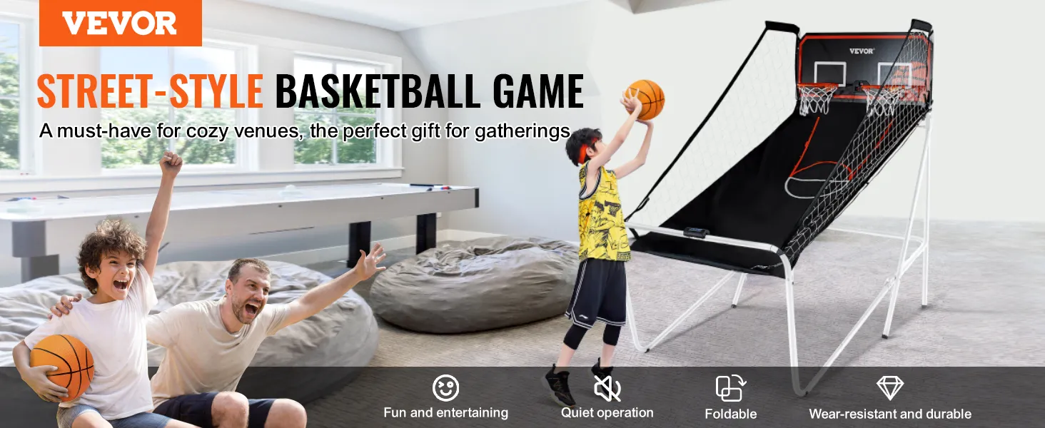 VEVOR opvouwbaar basketbalspel in een gezellige kamer met spelende kinderen en zitzakken op de achtergrond.