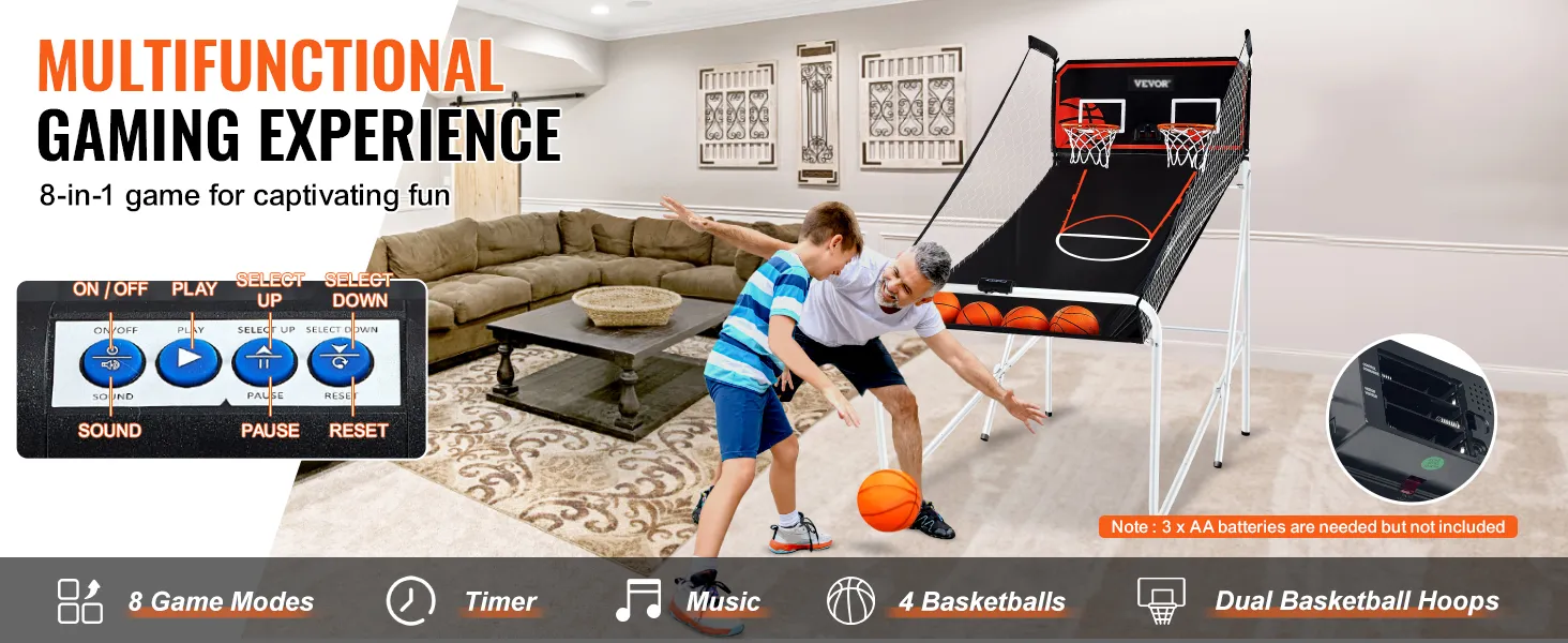VEVOR opvouwbaar basketbalspel in een woonkamer met spelende kinderen, met twee ringen en 4 basketballen.
