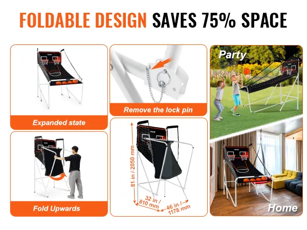 VEVOR opvouwbaar basketbal arcadespel met metalen frame, bespaart 75% ruimte, ideaal voor thuis en op feestjes.