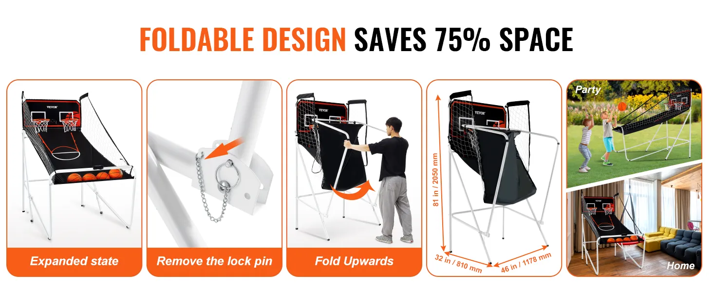 VEVOR opvouwbaar basketbal arcadespel met metalen frame, bespaart 75% ruimte, ideaal voor thuis en op feestjes.