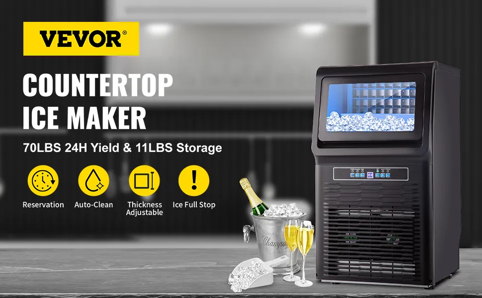 Máquina para fabricar hielo de encimera VEVOR con rendimiento de 70 libras, almacenamiento de 11 libras, limpieza automática y espesor ajustable.