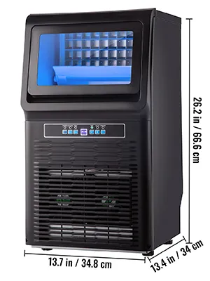 Máquina para fabricar hielo de encimera VEVOR, color negro, con medidas anotadas, diseño compacto y elegante.