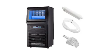 Máquina para fabricar hielo de encimera VEVOR con accesorios que incluyen manguera, filtro y pala para hielo.