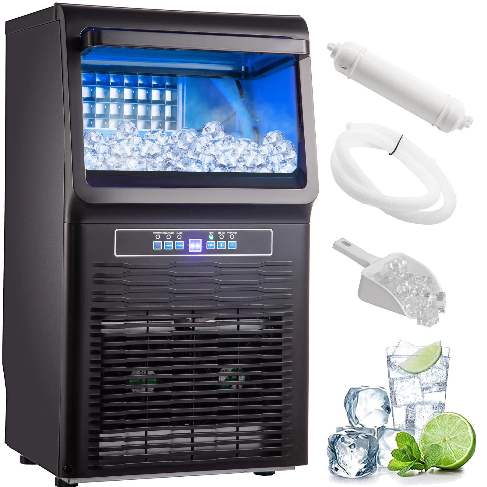 Máquina para fabricar hielo de encimera VEVOR con panel de control, pala para hielo, filtro y configuración para bebidas.