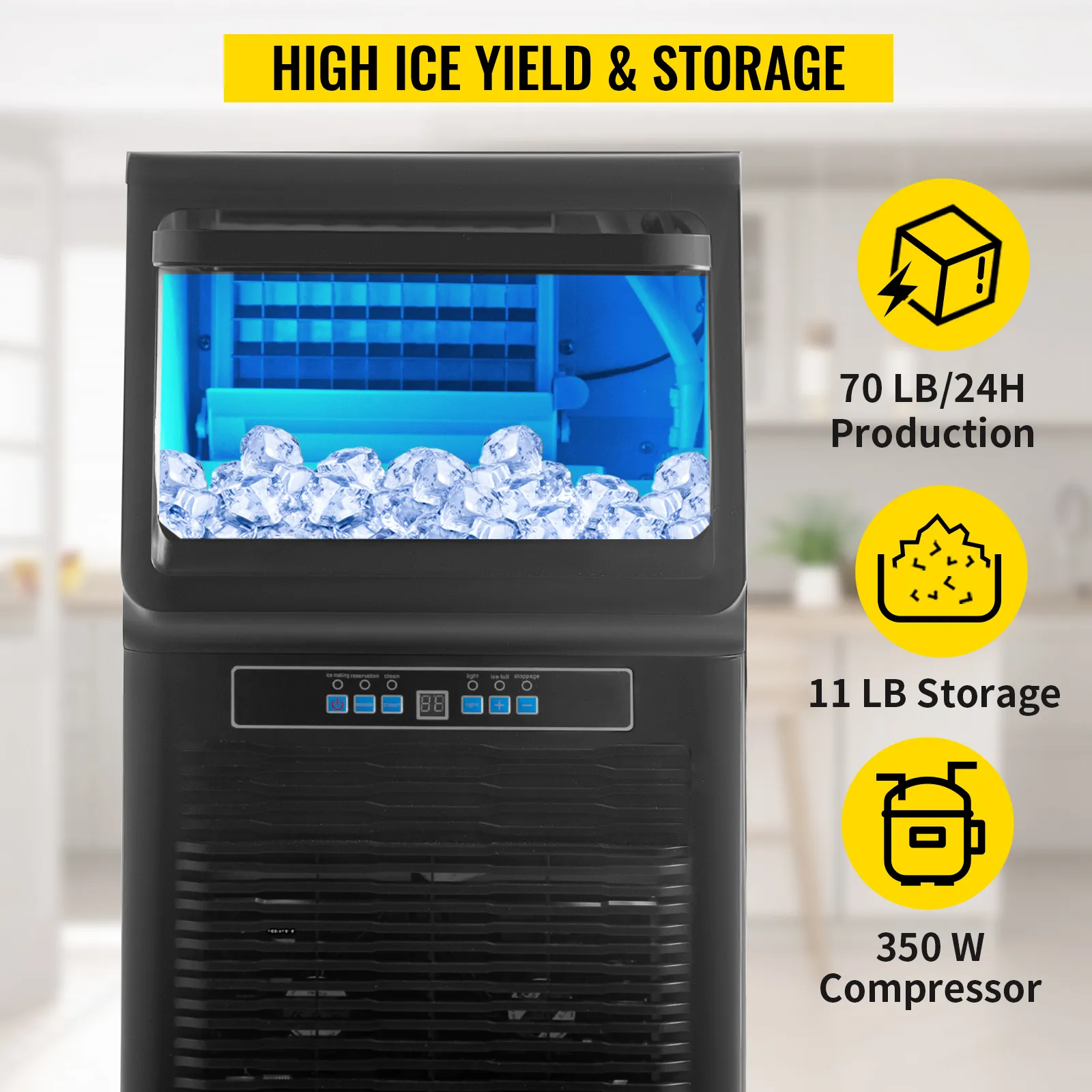 Máquina de hielo de encimera VEVOR con producción de 70 lb/24 h y capacidad de almacenamiento de 11 lb.