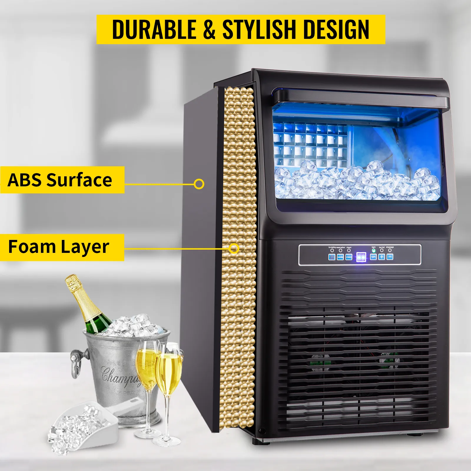Máquina para fabricar hielo de encimera VEVOR con superficie de ABS y capa de espuma, champán y cubo de hielo.