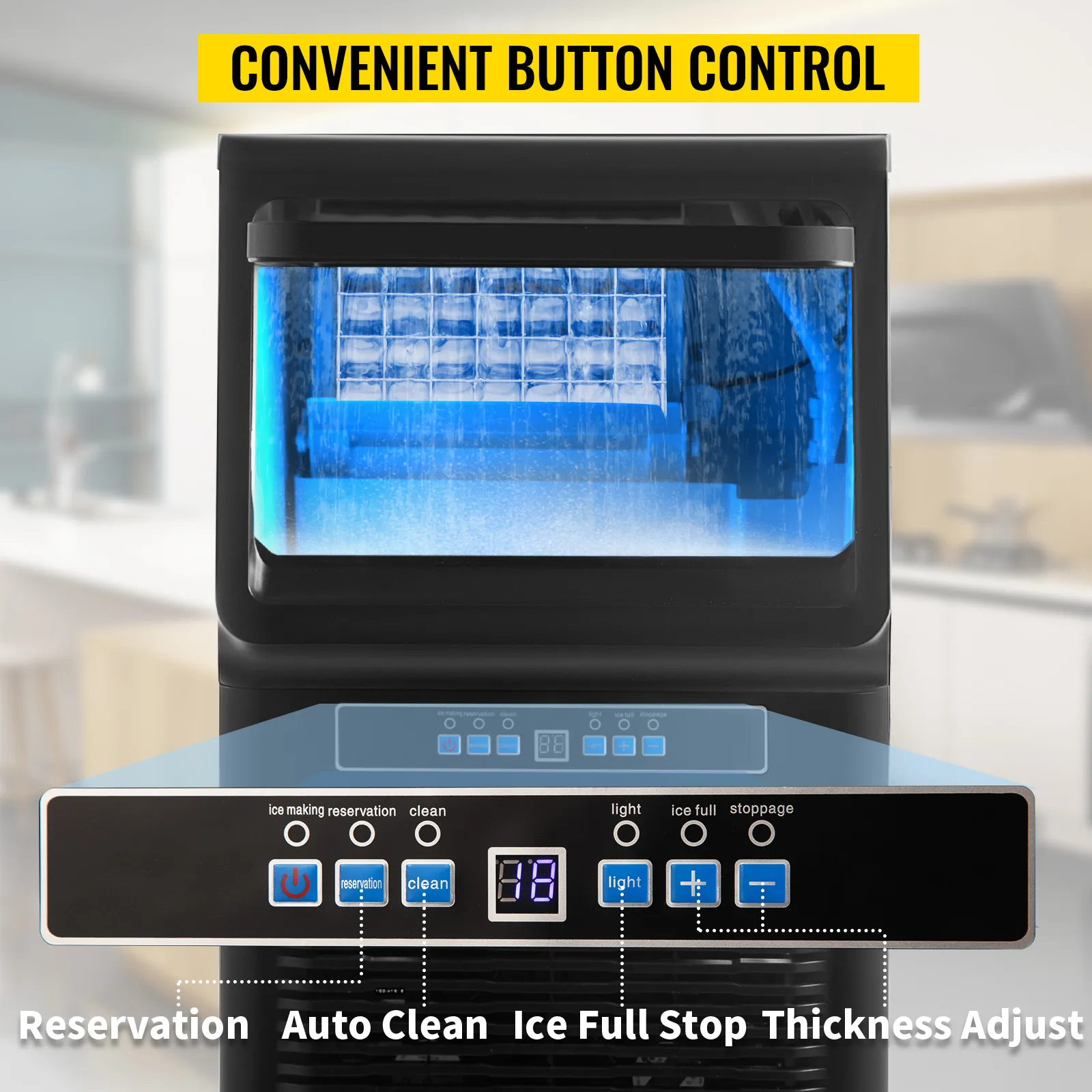 Máquina para fabricar hielo de encimera VEVOR con cómodo control de botones y pantalla clara.