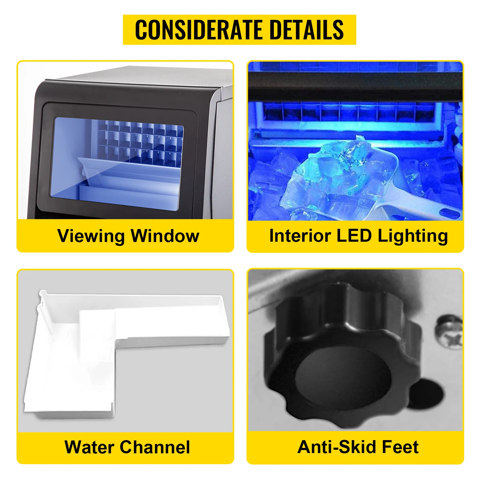 Máquina de hielo de encimera VEVOR con ventana de visualización, iluminación LED interior, canal de agua y patas antideslizantes.