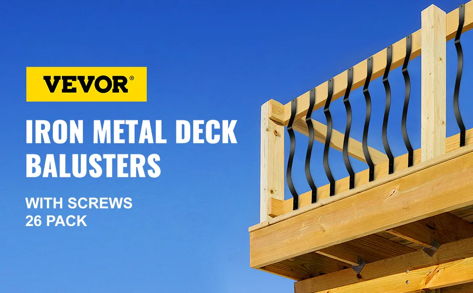 VEVOR deck balusters with screws, 26 pack, wooden deck against blue sky.