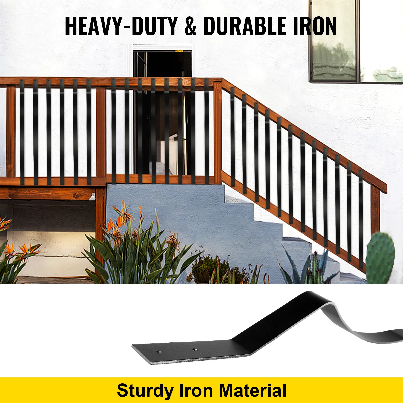 VEVOR deck balusters in iron railing on wooden staircase, showcasing durability.