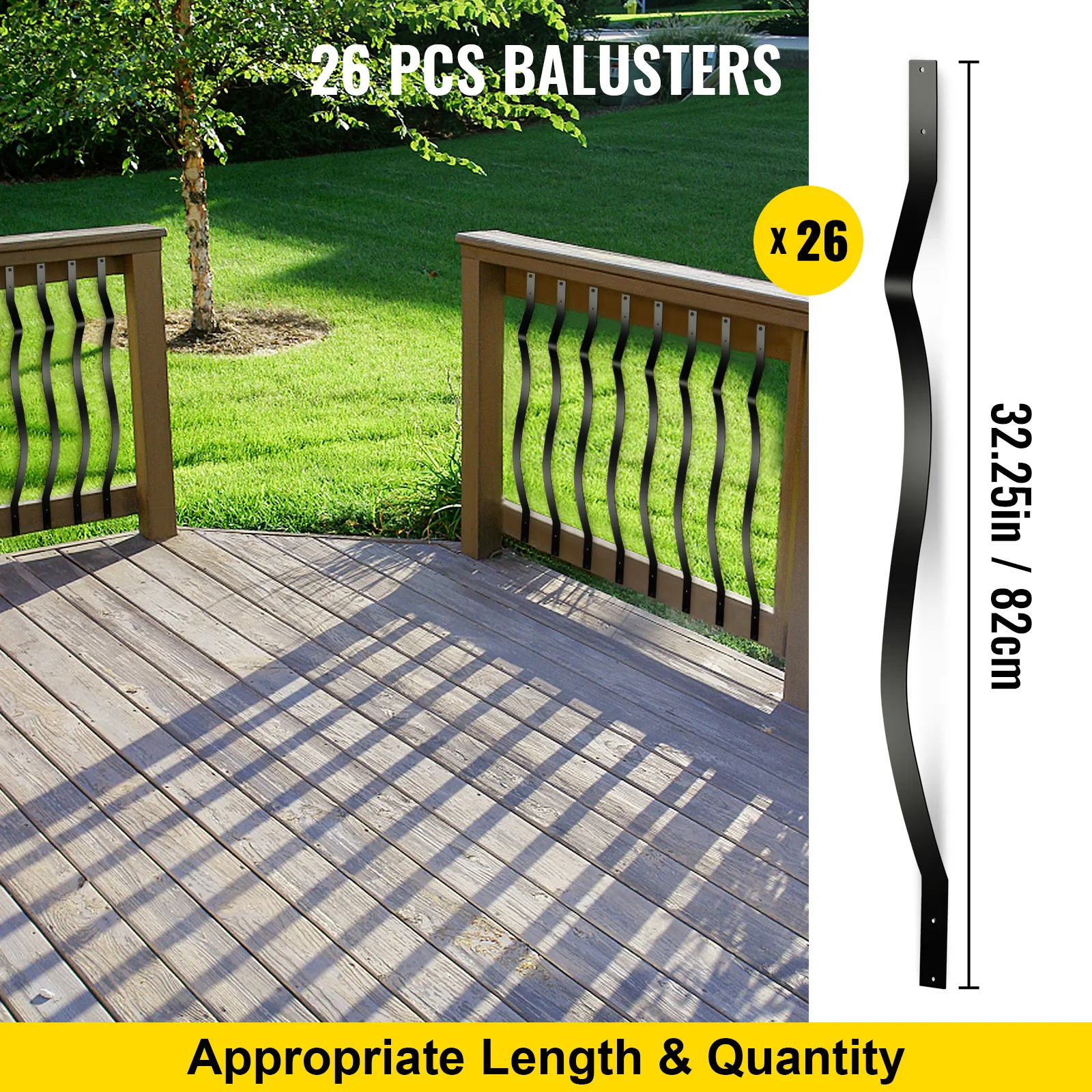 26 pcs VEVOR deck balusters on wooden deck with green lawn in the background.