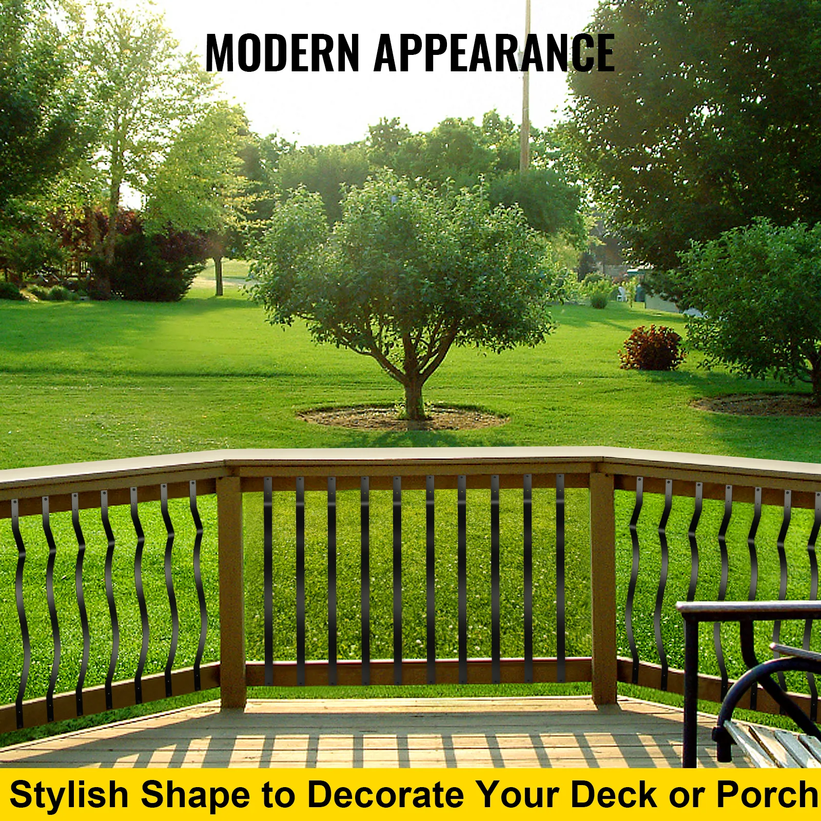 VEVOR deck balusters on porch with green lawn and tree in the background.