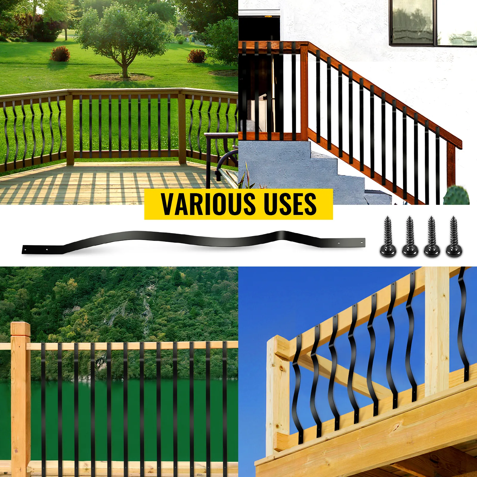 various uses of VEVOR deck balusters in different railing setups.