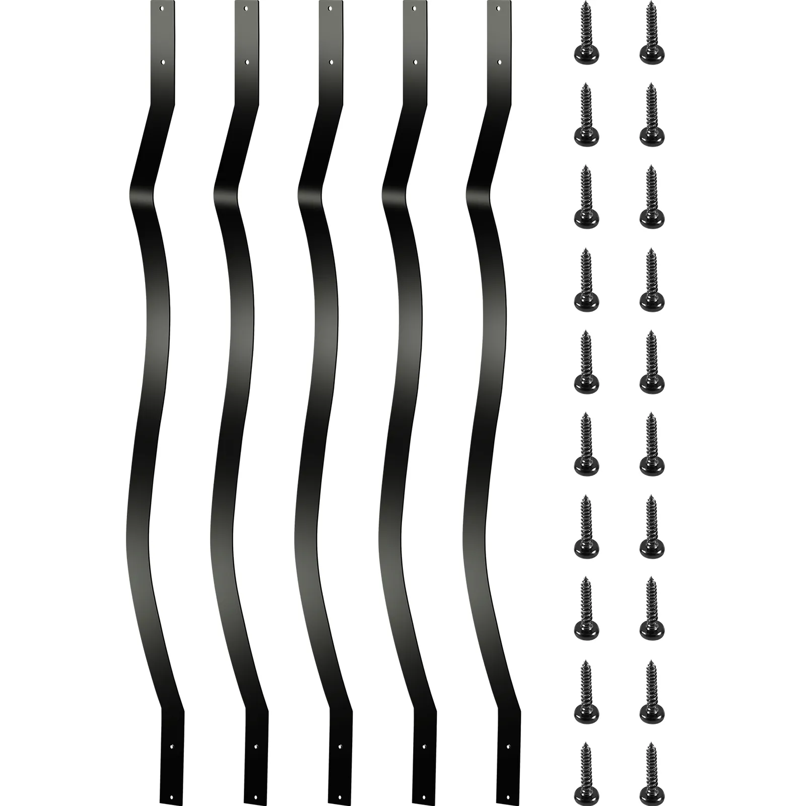 Balaustre per terrazza VEVOR nere con viti, design ondulato, senza sfondo.