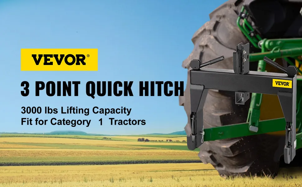 VEVOR 3-point quick hitch for category 1 & 2 tractors, 3000 lbs lifting capacity.