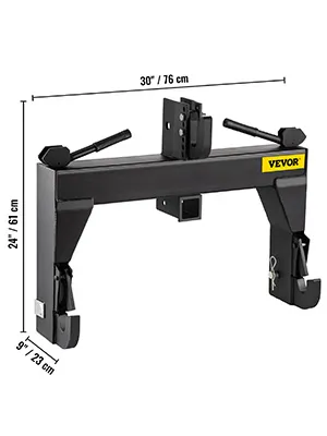 VEVOR 3-point quick hitch with dimensions: 30"/76 cm wide, 24"/61 cm high, 9"/23 cm deep.