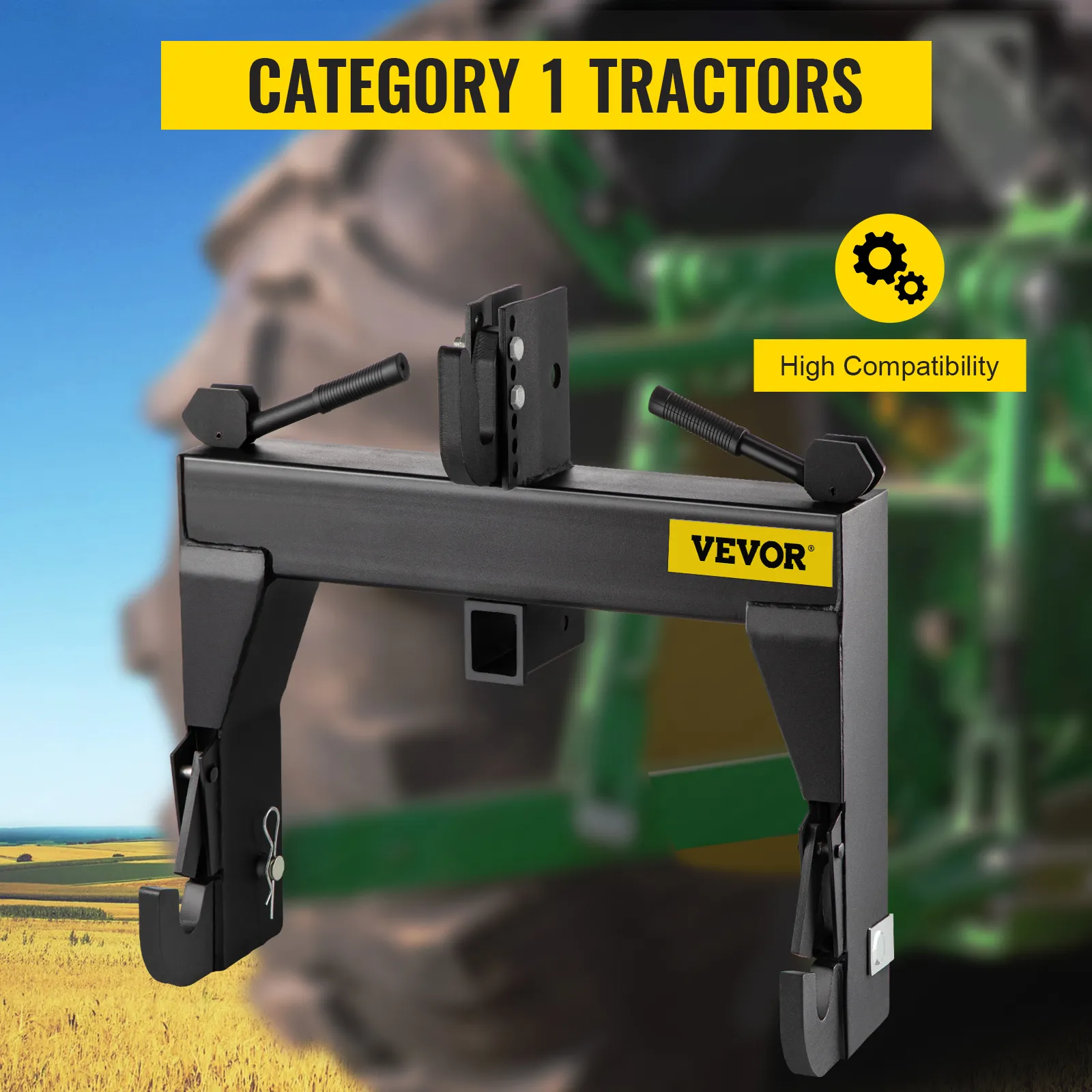 VEVOR 3-point quick hitch for tractors, showcasing high compatibility in a field setting.