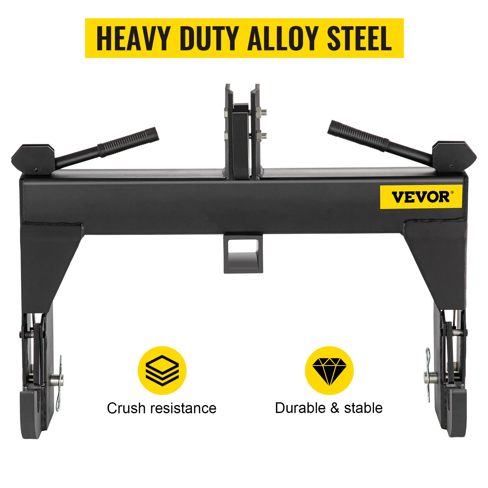 VEVOR 3-point quick hitch in heavy-duty alloy steel with crush resistance durability.