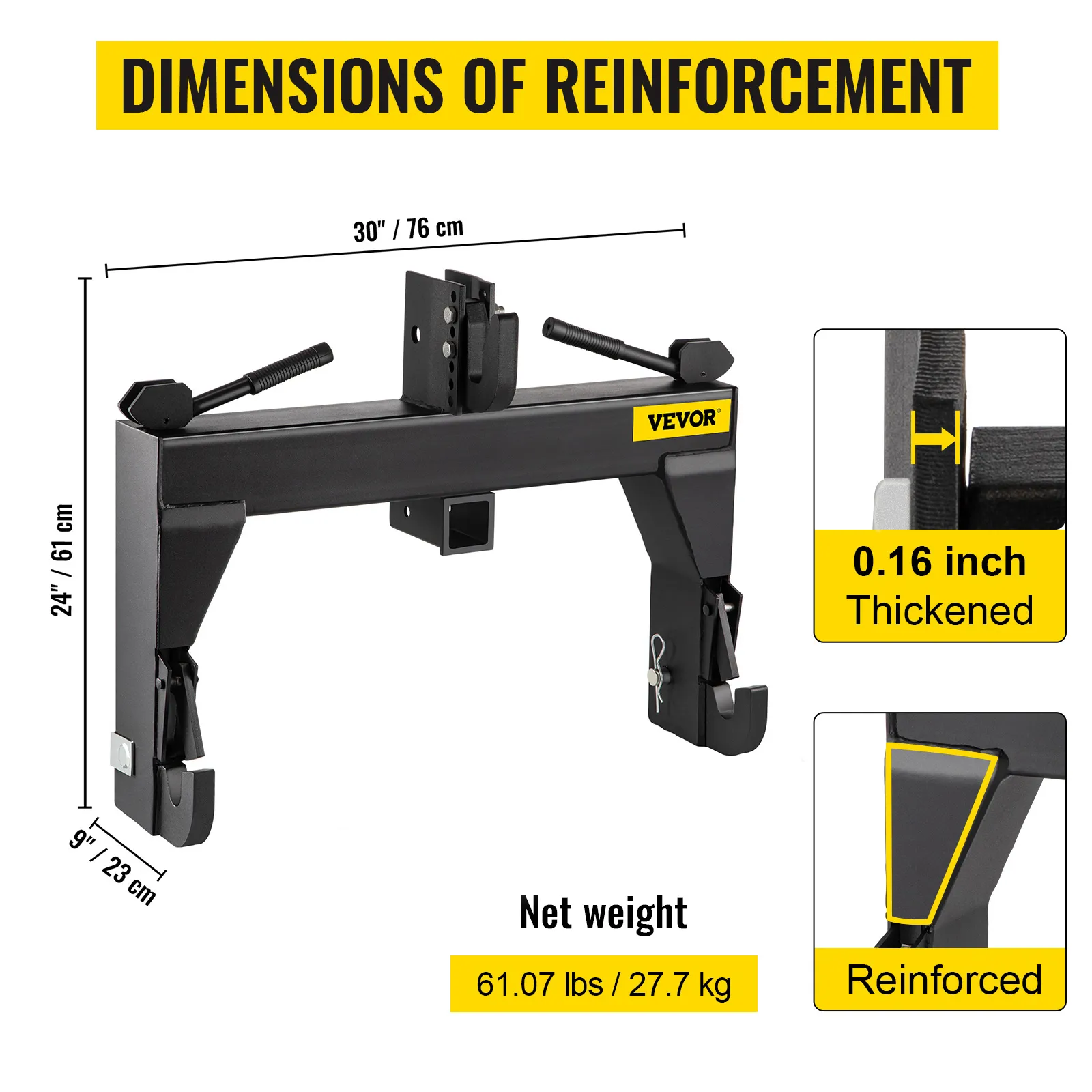 VEVOR 3-point quick hitch with 0.16-inch thick reinforcement, 61.07 lbs weight.