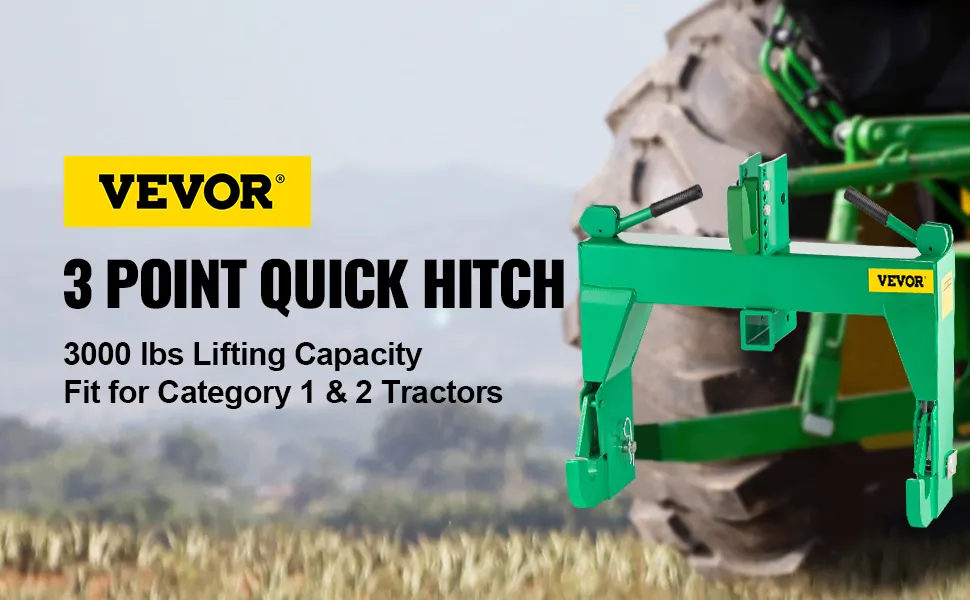 VEVOR 3-point quick hitch, green, 3000 lbs capacity, for category 1 & 2 tractors.