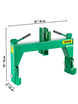green VEVOR 3-point quick hitch with dimensions marked.