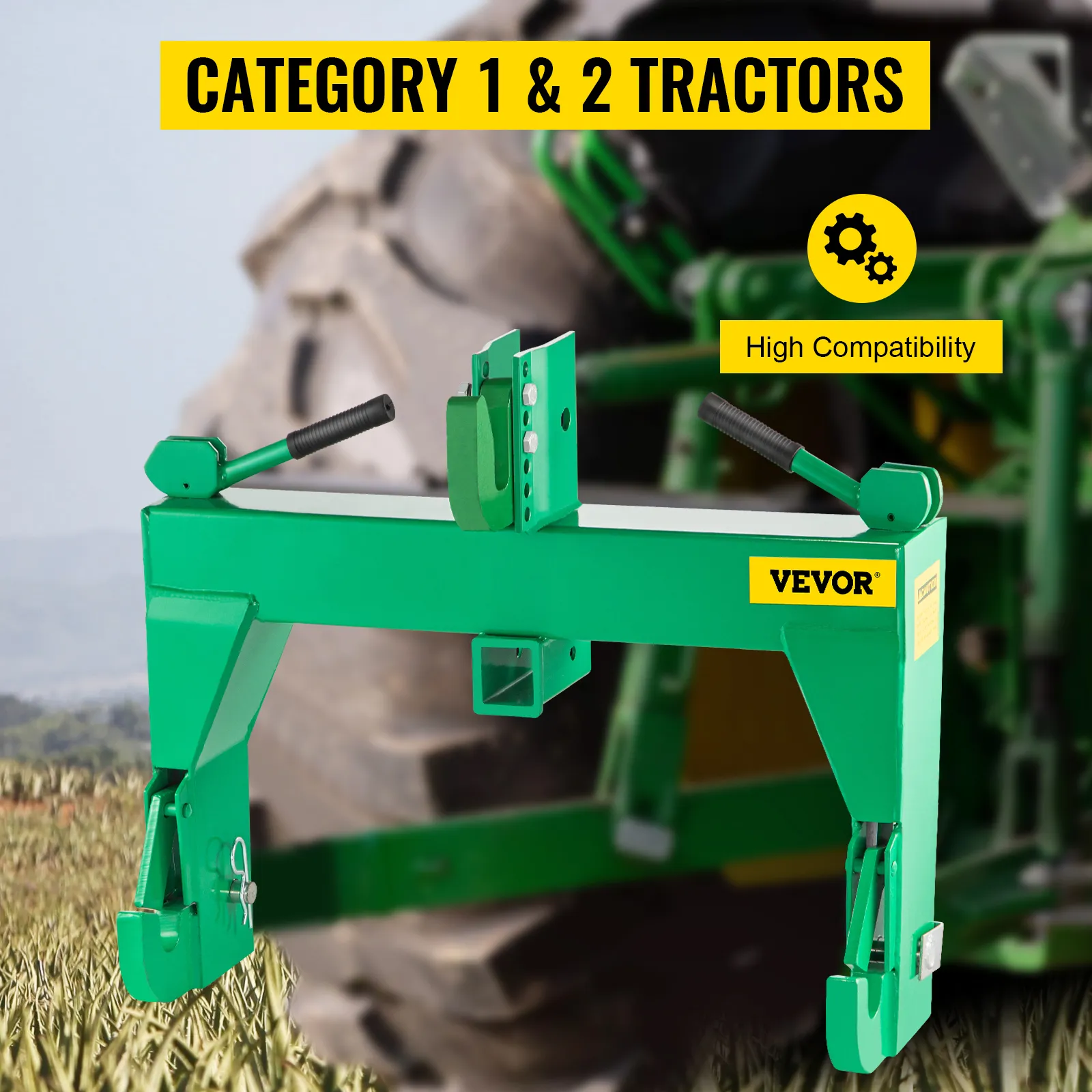 VEVOR 3-point quick hitch in green, designed for tractors with high compatibility.
