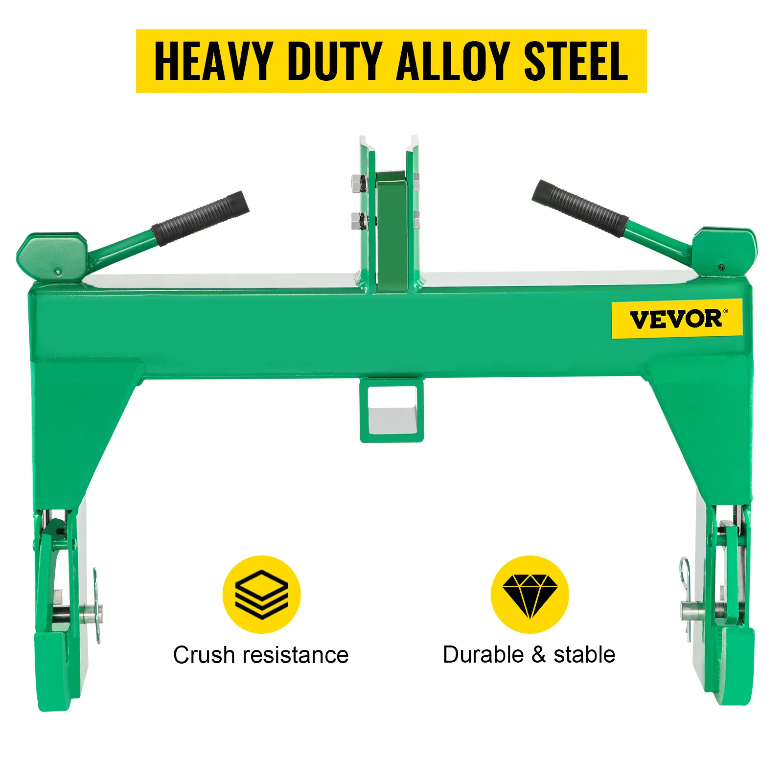 VEVOR 3-point quick hitch in green with crush resistance and durability icons.