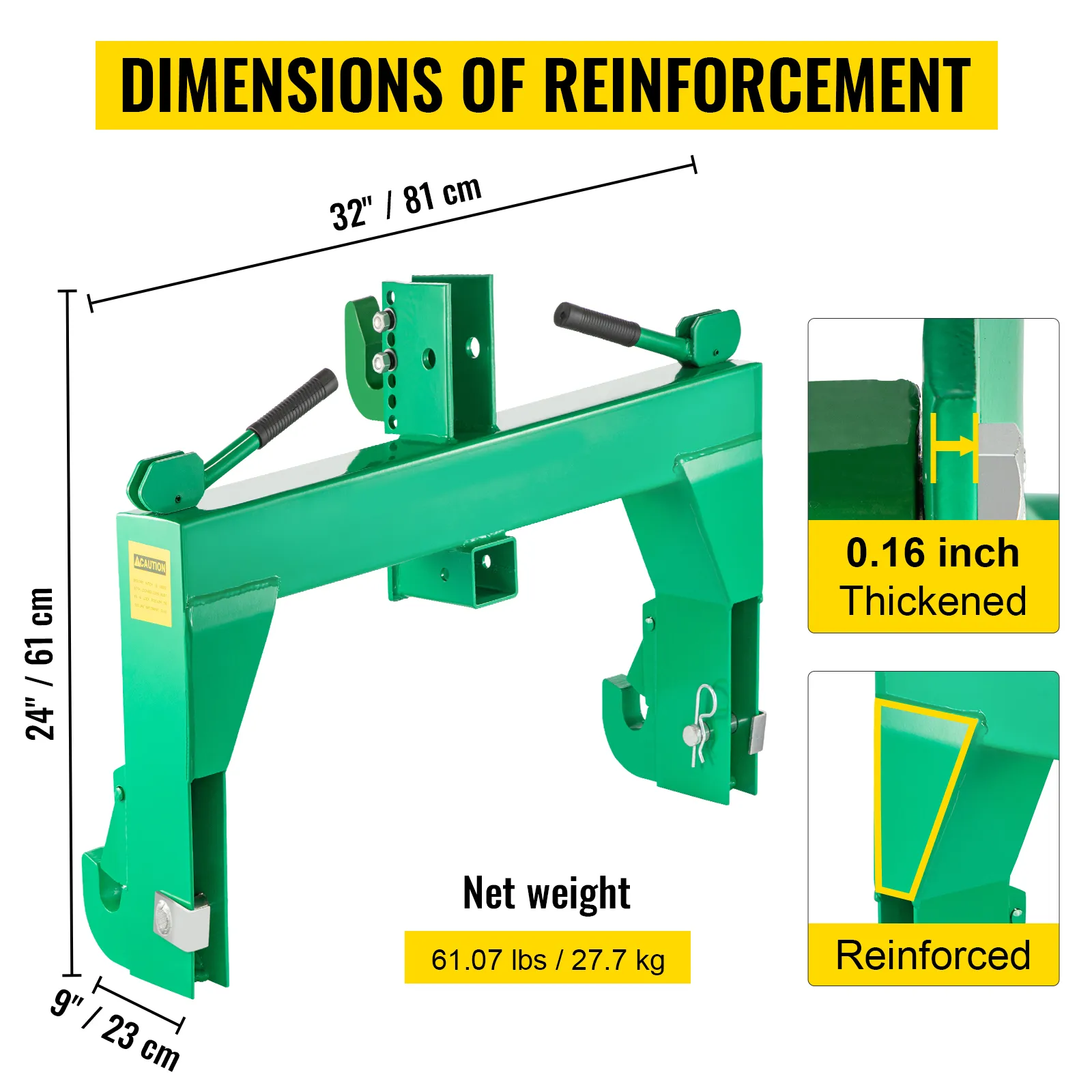 VEVOR 3-point quick hitch with reinforced 0.16 inch thickened steel, dimensions: 24"x9"x32".