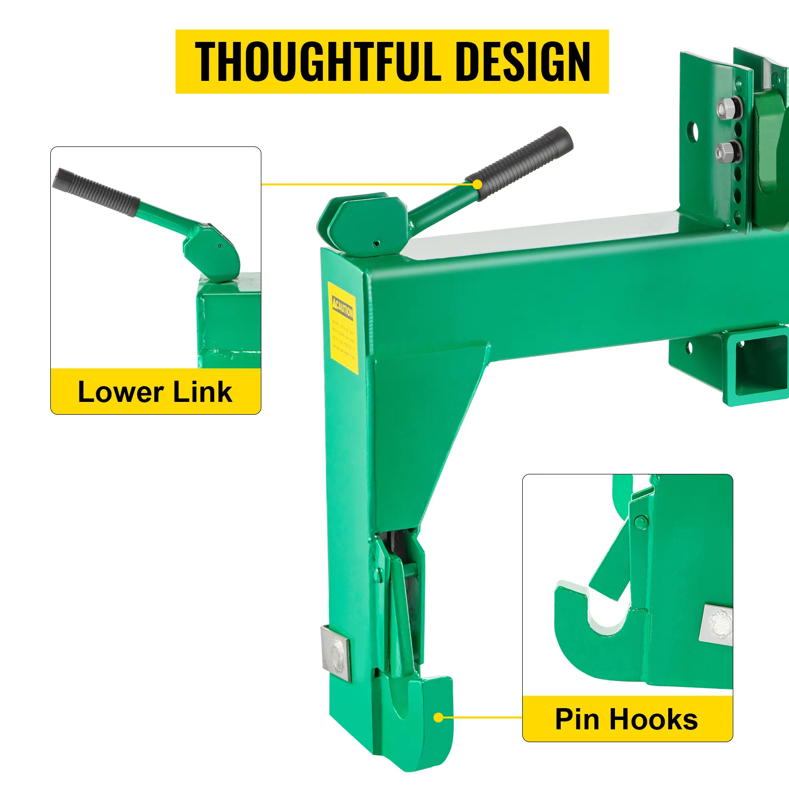 VEVOR 3-point quick hitch showcasing lower link and pin hooks, green frame.