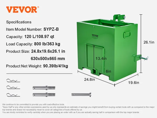 VEVOR ballast box specifications, model sypz-b, 120l capacity, 800lb load, green with accessories.