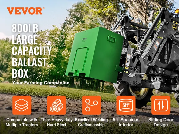 VEVOR ballast box 800lb capacity attached to a tractor in a farm setting with icons highlighting features.