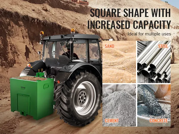 tractor with VEVOR ballast box showing increased capacity for sand, steel, cement, and concrete usage.